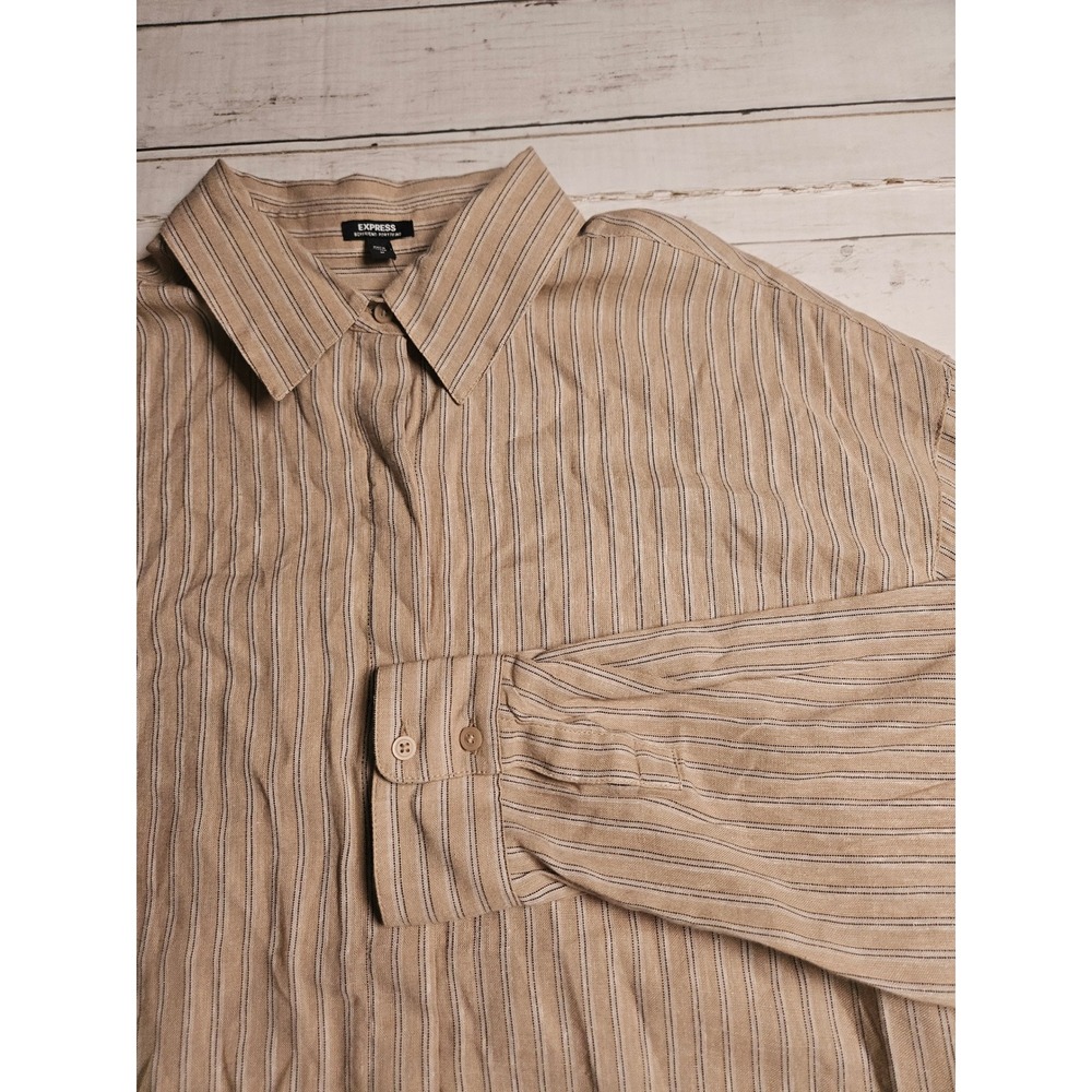 Express Boyfriend Portofino Linen Blend Striped‎ Shirt Tan Black Medium NEW